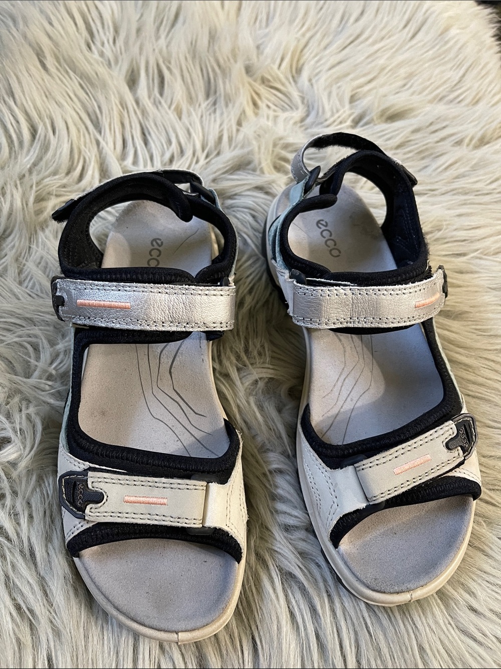 Ecco gray and Black Open-Toe Sandals with Pink Stitching